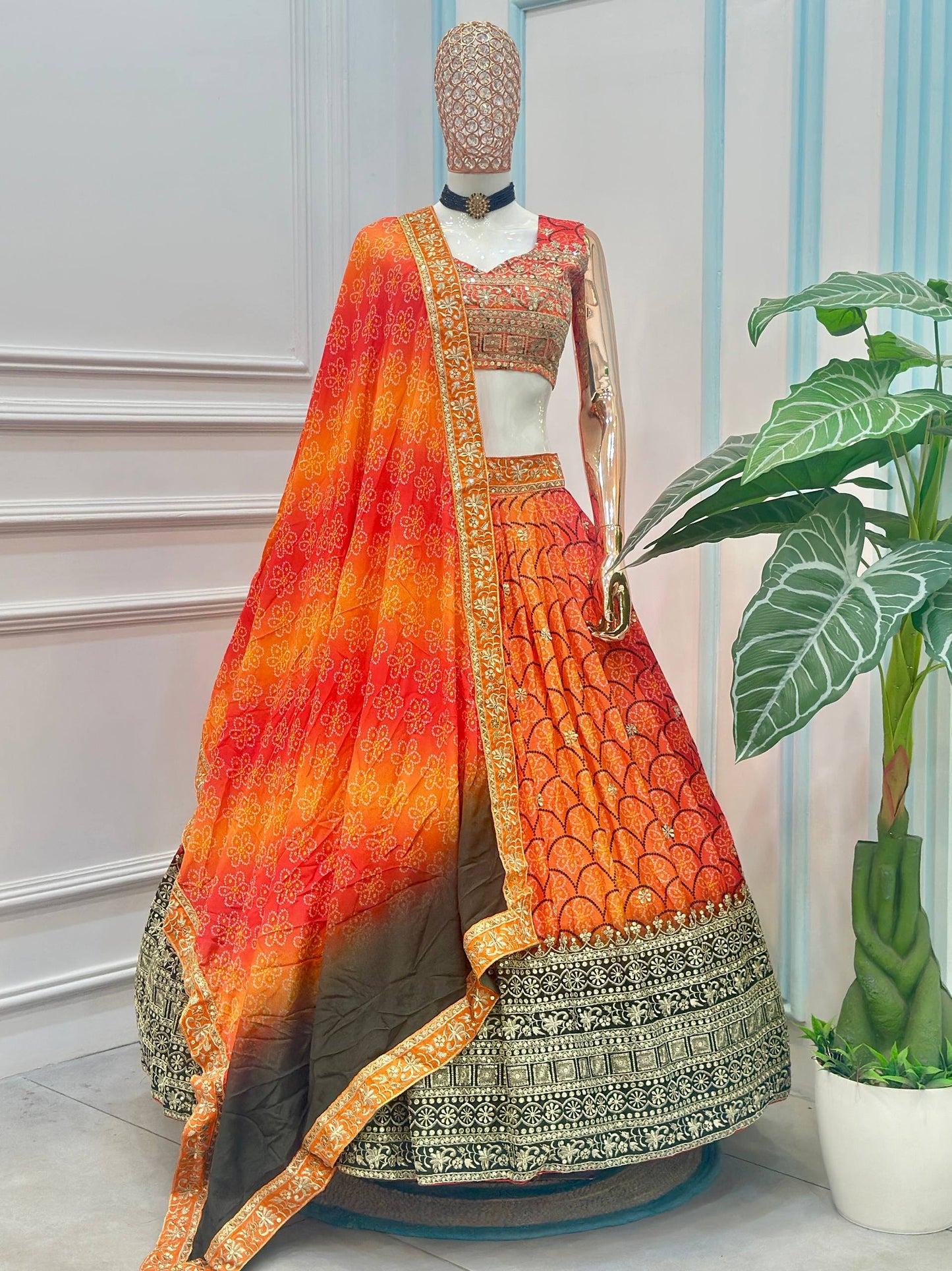 Chinon Silk Digital print with Sequins and Zari Embroidery Work Lehenga