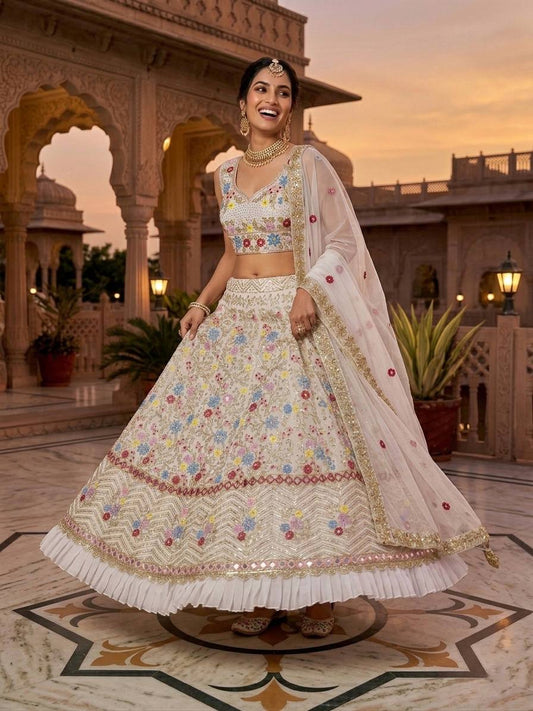 Launching 4 meter flared Fox Georgette Real Mirror and Frill Work Lehenga