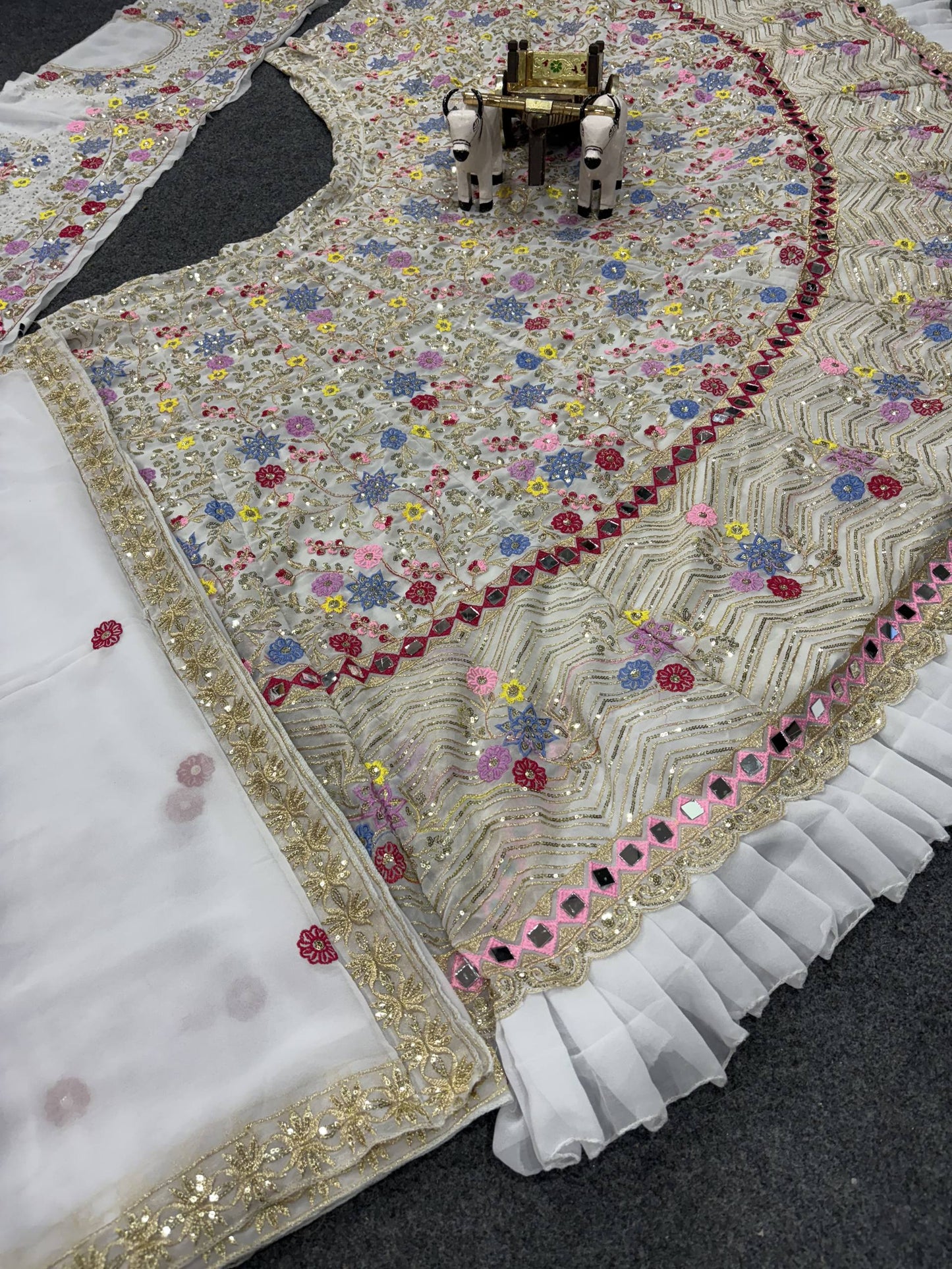 Launching 4 meter flared Fox Georgette Real Mirror and Frill Work Lehenga