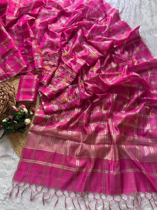 Superb Soft Tusser silk fabric with zari chex fabric saree