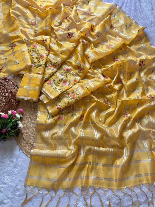 Superb Soft Tusser silk fabric with zari chex fabric saree
