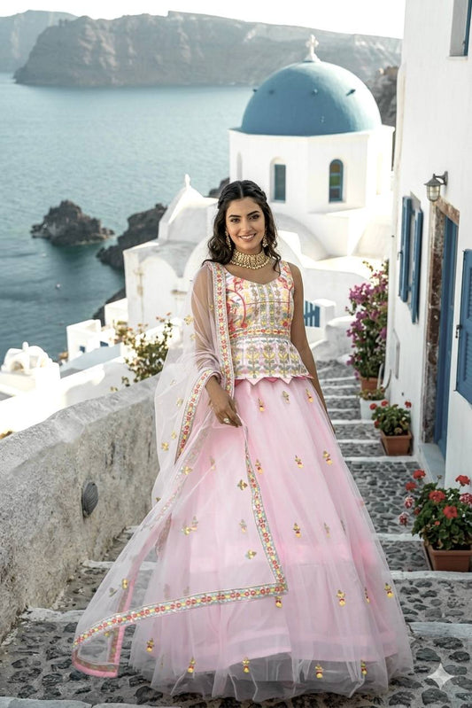 Double layer net lehnga with thread work choli