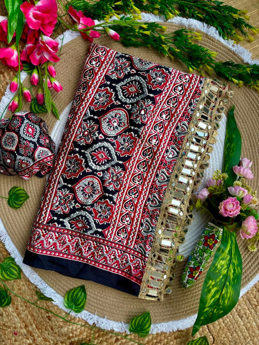 Very Soft and Elegant Rich look Original Japan Sartin Ajarak Print Saree