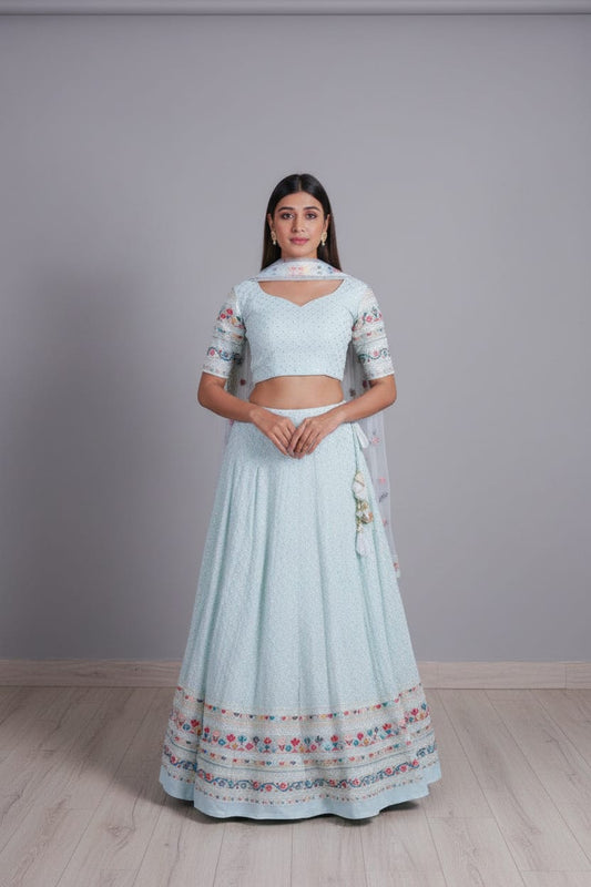 Georgette Multi sequence thread Embroidery work Lehenga