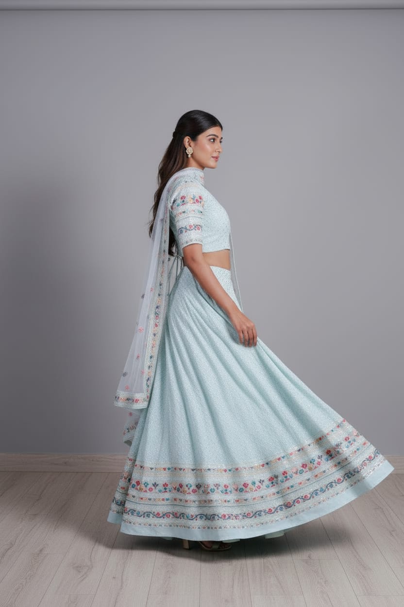 Georgette Multi sequence thread Embroidery work Lehenga