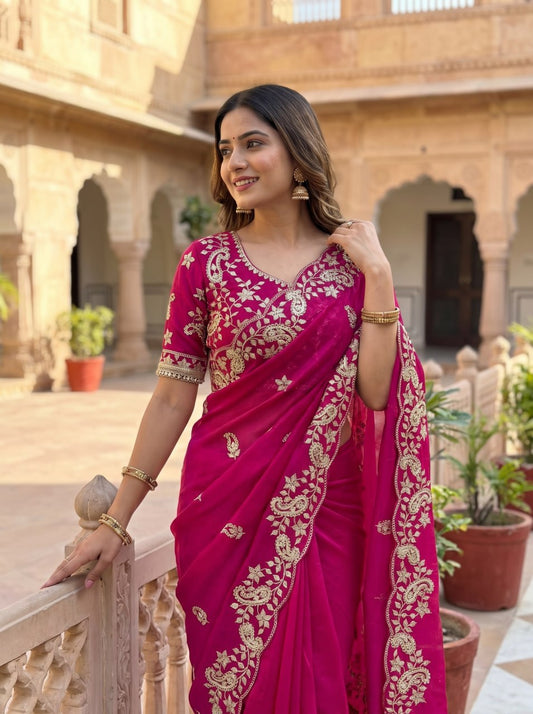 Fendy Sattin With C -pallu 3 mm sequence coding embroidery work saree