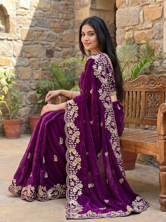 Fendy Sattin With C -pallu 3 mm sequence coding embroidery work saree