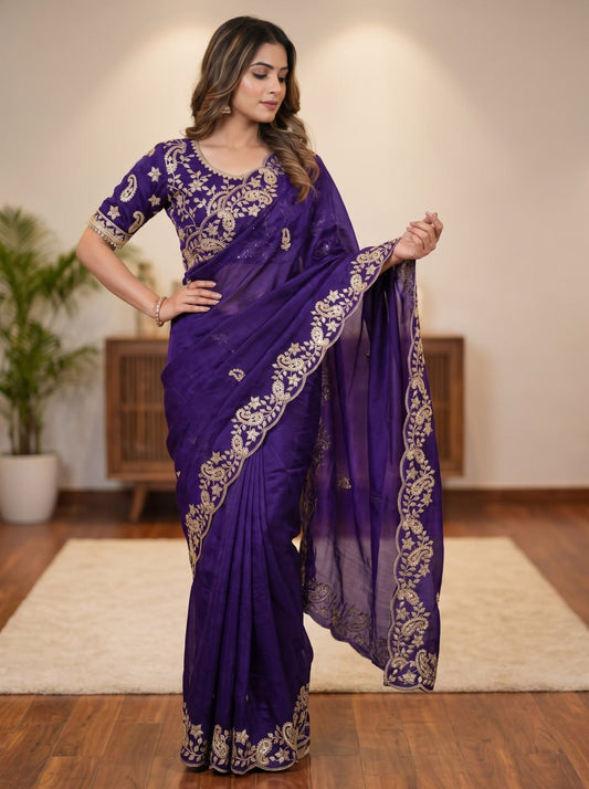 Fendy Sattin With C -pallu 3 mm sequence coding embroidery work saree