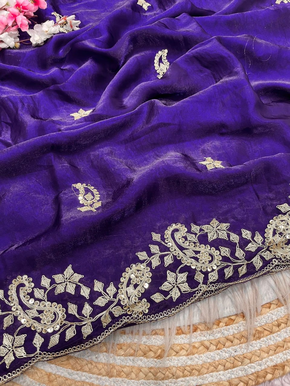 Fendy Sattin With C -pallu 3 mm sequence coding embroidery work saree
