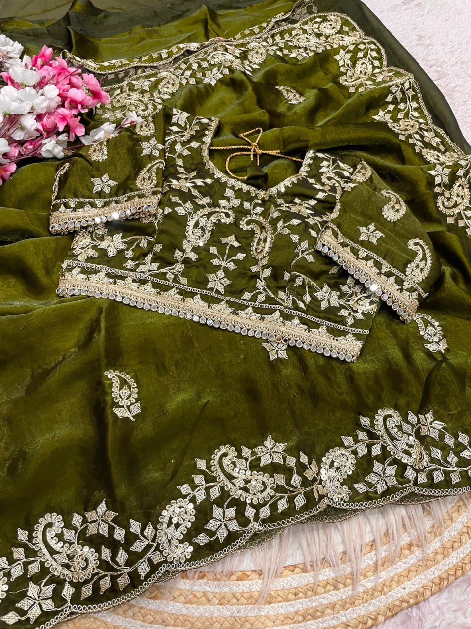 Fendy Sattin With C -pallu 3 mm sequence coding embroidery work saree