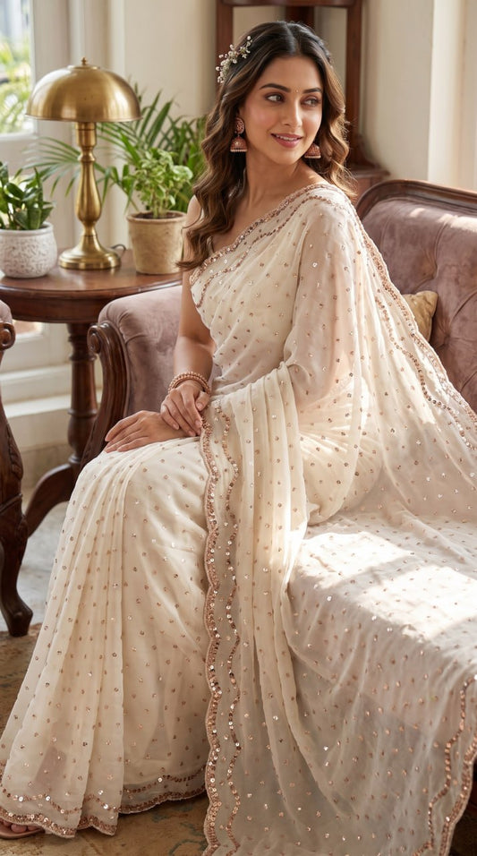 Pure NC Butti Silk With Beautiful Original Rose Gold Beads Work Saree