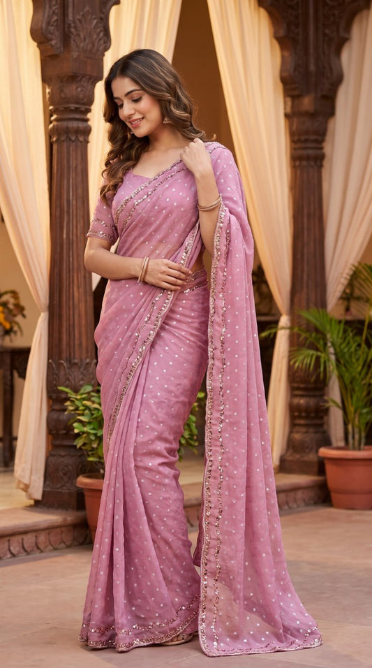 Pure NC Butti Silk With Beautiful Original Rose Gold Beads Work Saree