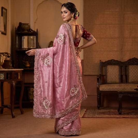 Pure Fandy Sattin Silk With Beautiful Original Rose Gold Beads Saree