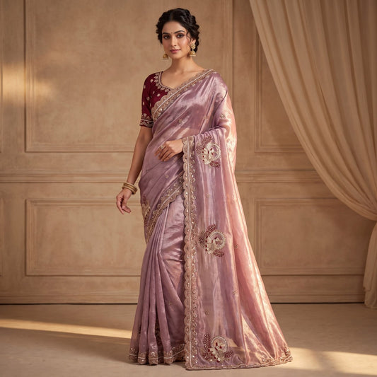 Pure Fandy Sattin Silk With Beautiful Original Rose Gold Beads Saree