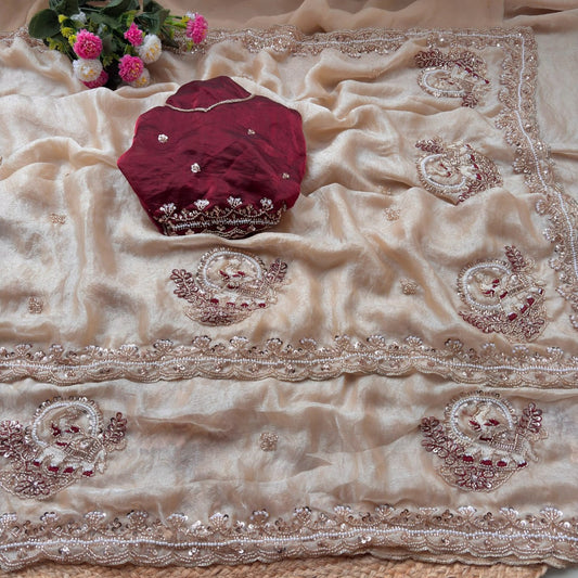 Pure Fandy Sattin Silk With Beautiful Original Rose Gold Beads Saree