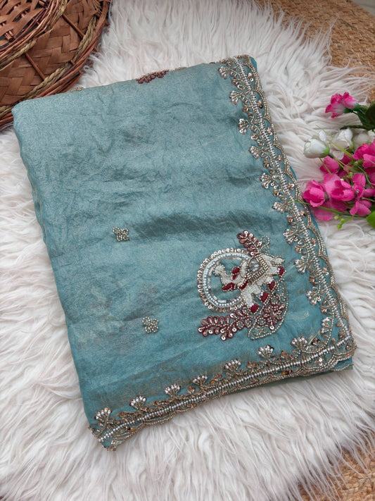 Pure Fandy Sattin Silk With Beautiful Original Rose Gold Beads Saree