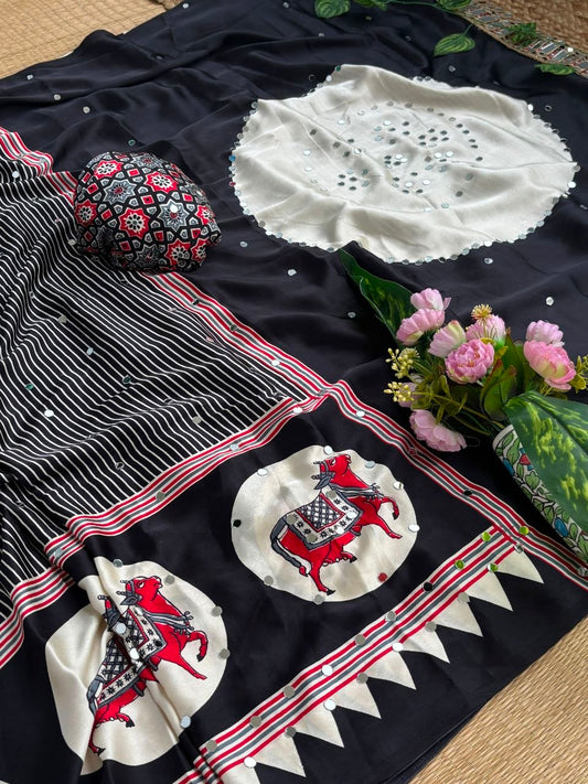 Very Soft and Elegant Rich look Original Japan Sartin Ajarak Print Saree
