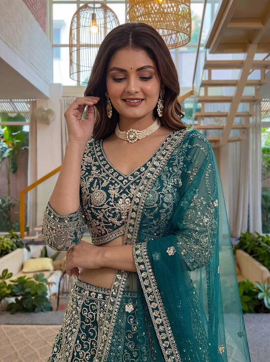 Butterfly Net Sequins and Codding Embroidery Work Lehenga