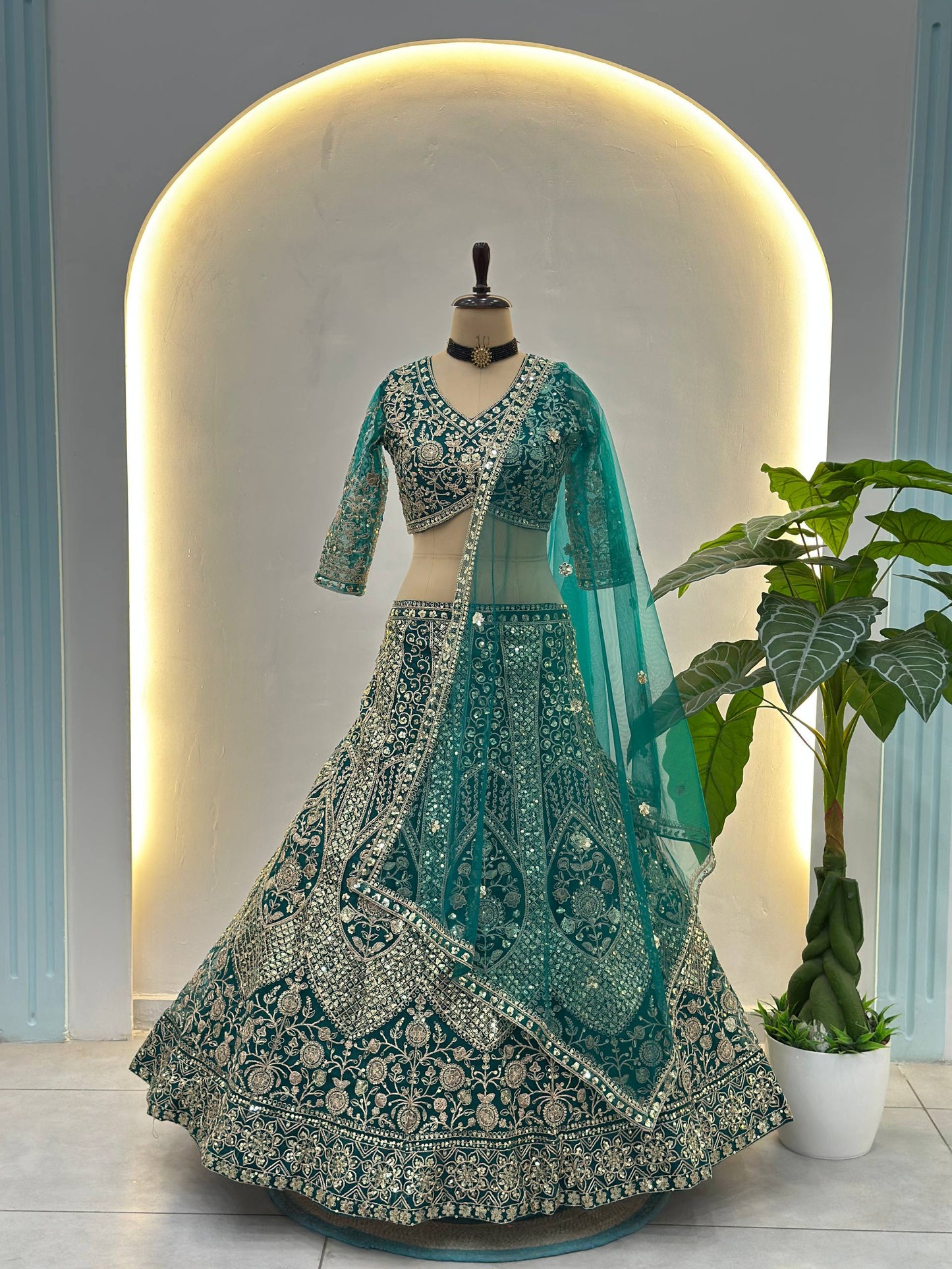 Butterfly Net Sequins and Codding Embroidery Work Lehenga