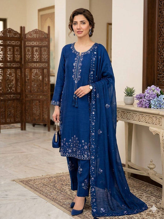 Robe de travail brodée en georgette fleurie artificielle avec de riches paillettes