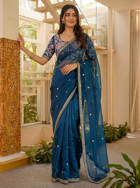 Art Satin Silk Sequins Embroidery Work Saree