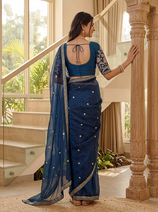 Art Satin Silk Sequins Embroidery Work Saree