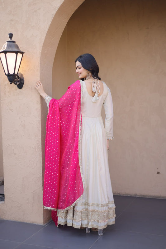 Cosmos with Real Mirror with Zari Embroidered lace work gown