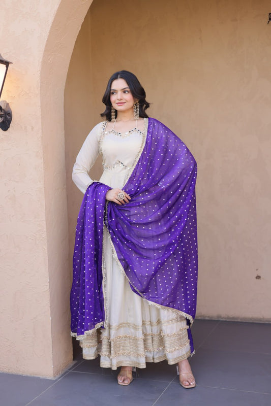 Cosmos with Real Mirror with Zari Embroidered lace work gown
