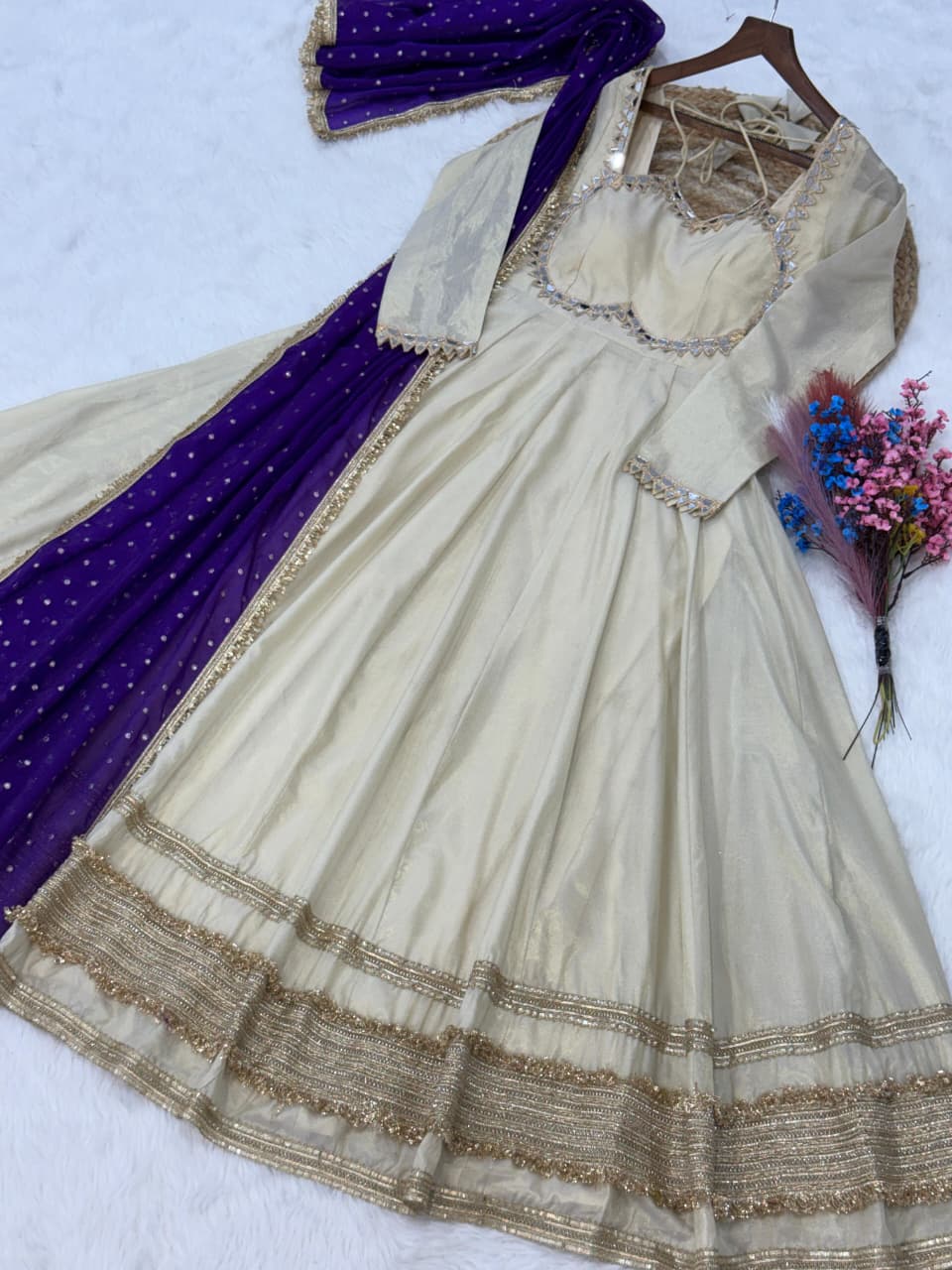 Cosmos with Real Mirror with Zari Embroidered lace work gown