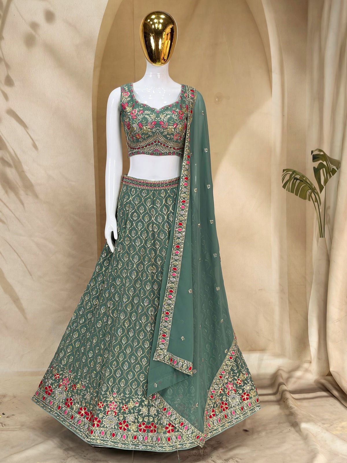 Georgette Thread Zari Sequence Embroidery Lehenga