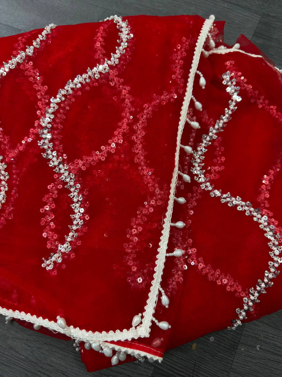 Net Bidds sequence pearls Embroidery Work Saree