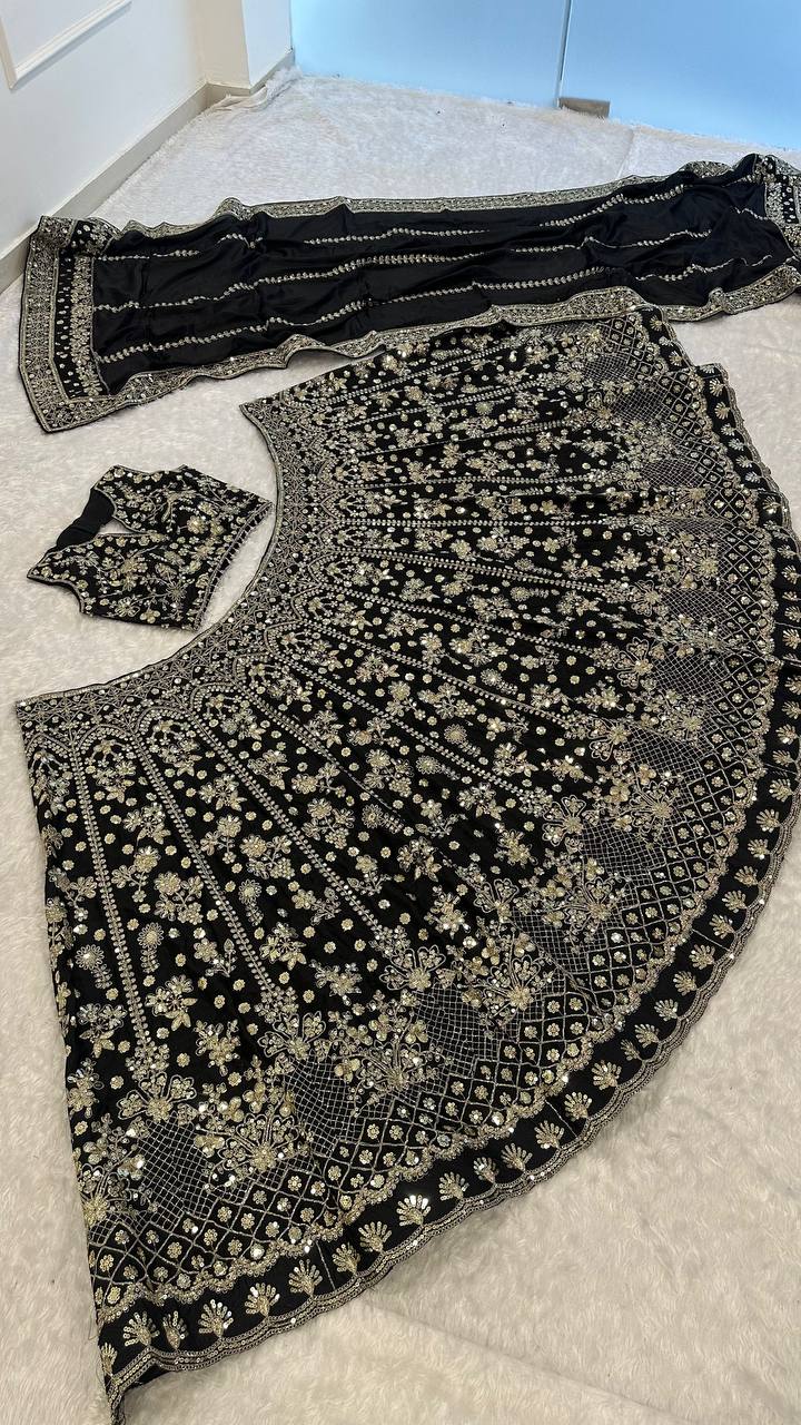 Chinon silk lehenga with zari sequins & dori work choli