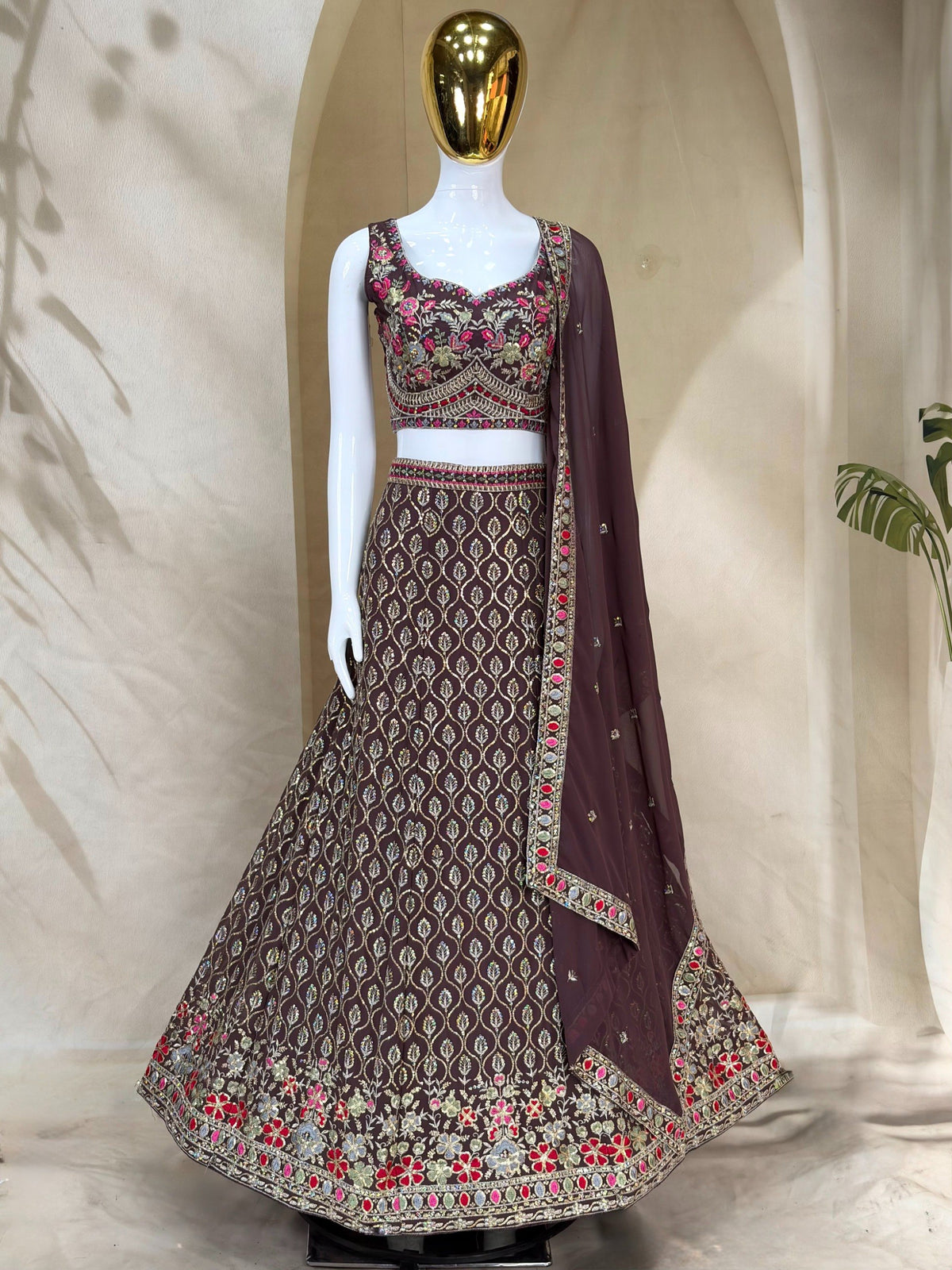 Georgette Thread Zari Sequence Embroidery Lehenga