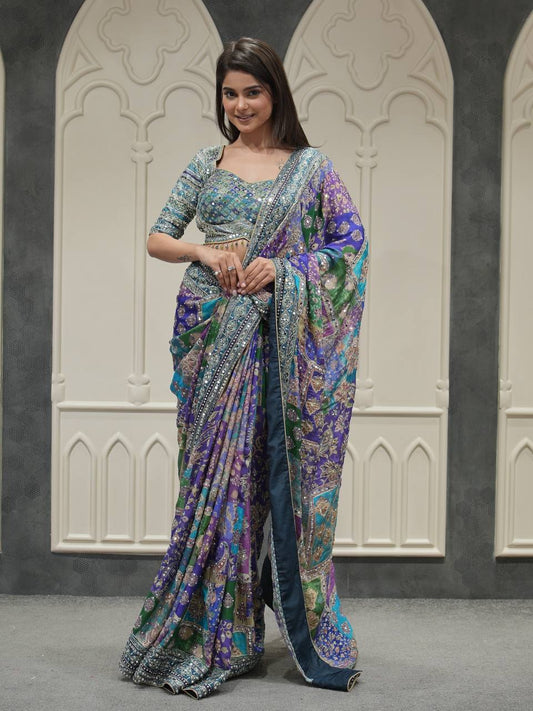 Soft Chinnon with beautiful print saree