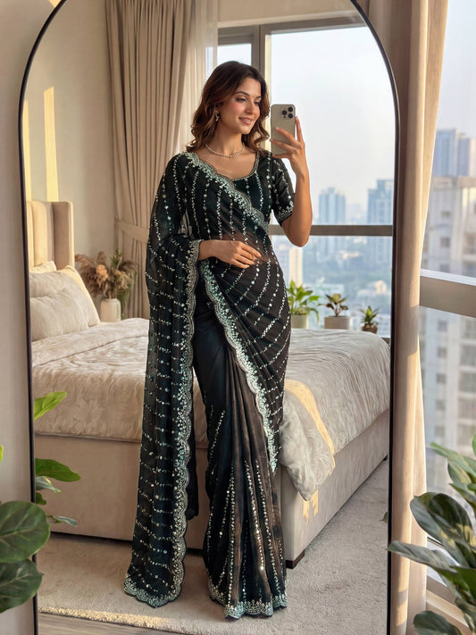 Fandy Satin Bidds And Sequins Embroidery Design Work Saree
