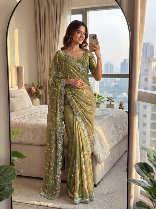 Fandy Satin Bidds And Sequins Embroidery Design Work Saree