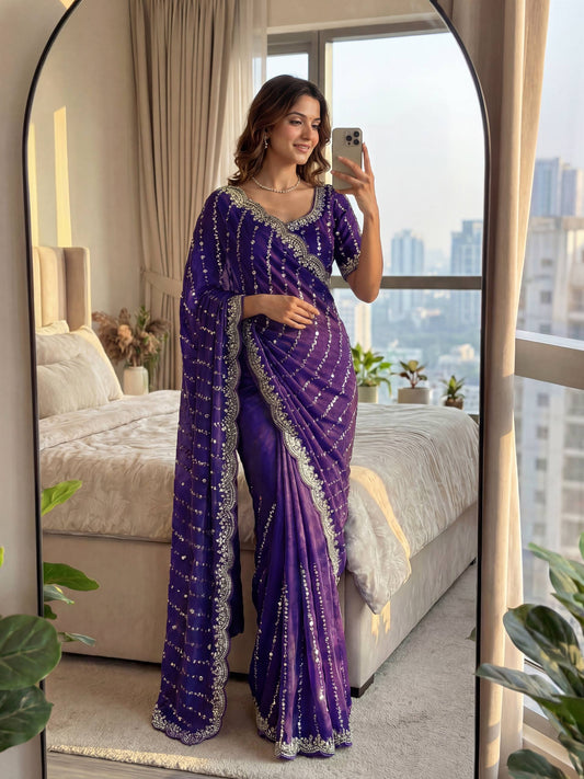 Fandy Satin Bidds And Sequins Embroidery Design Work Saree