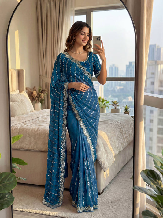 Fandy Satin Bidds And Sequins Embroidery Design Work Saree