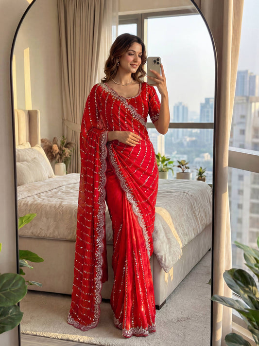 Fandy Satin Bidds And Sequins Embroidery Design Work Saree