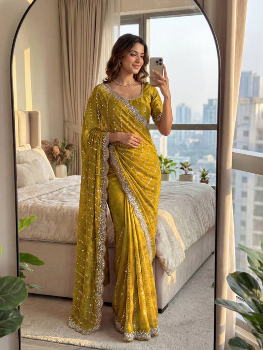 Fandy Satin Bidds And Sequins Embroidery Design Work Saree