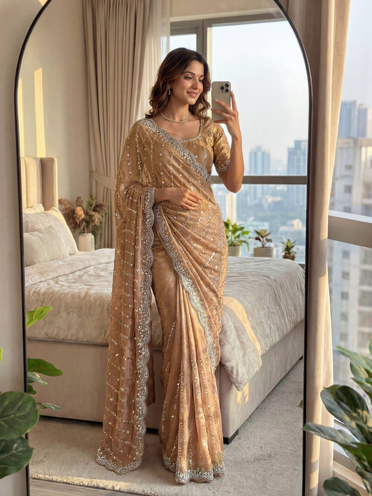Fandy Satin Bidds And Sequins Embroidery Design Work Saree