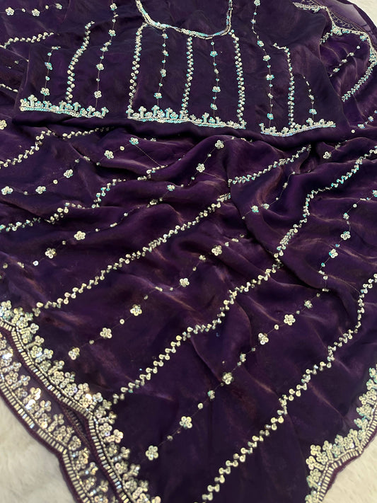 Fandy Satin Bidds And Sequins Embroidery Design Work Saree