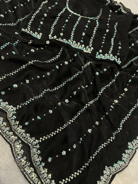 Fandy Satin Bidds And Sequins Embroidery Design Work Saree