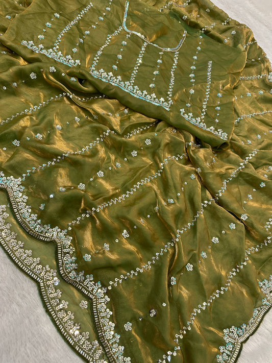 Fandy Satin Bidds And Sequins Embroidery Design Work Saree