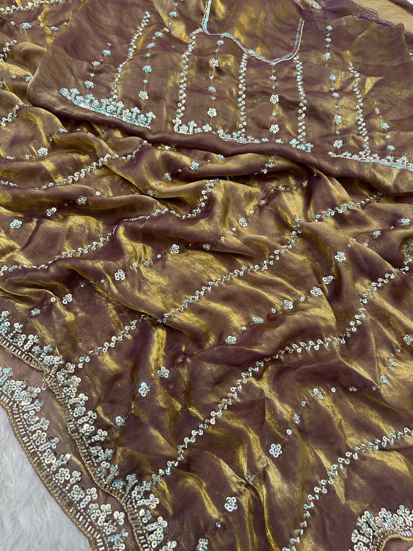 Fandy Satin Bidds And Sequins Embroidery Design Work Saree