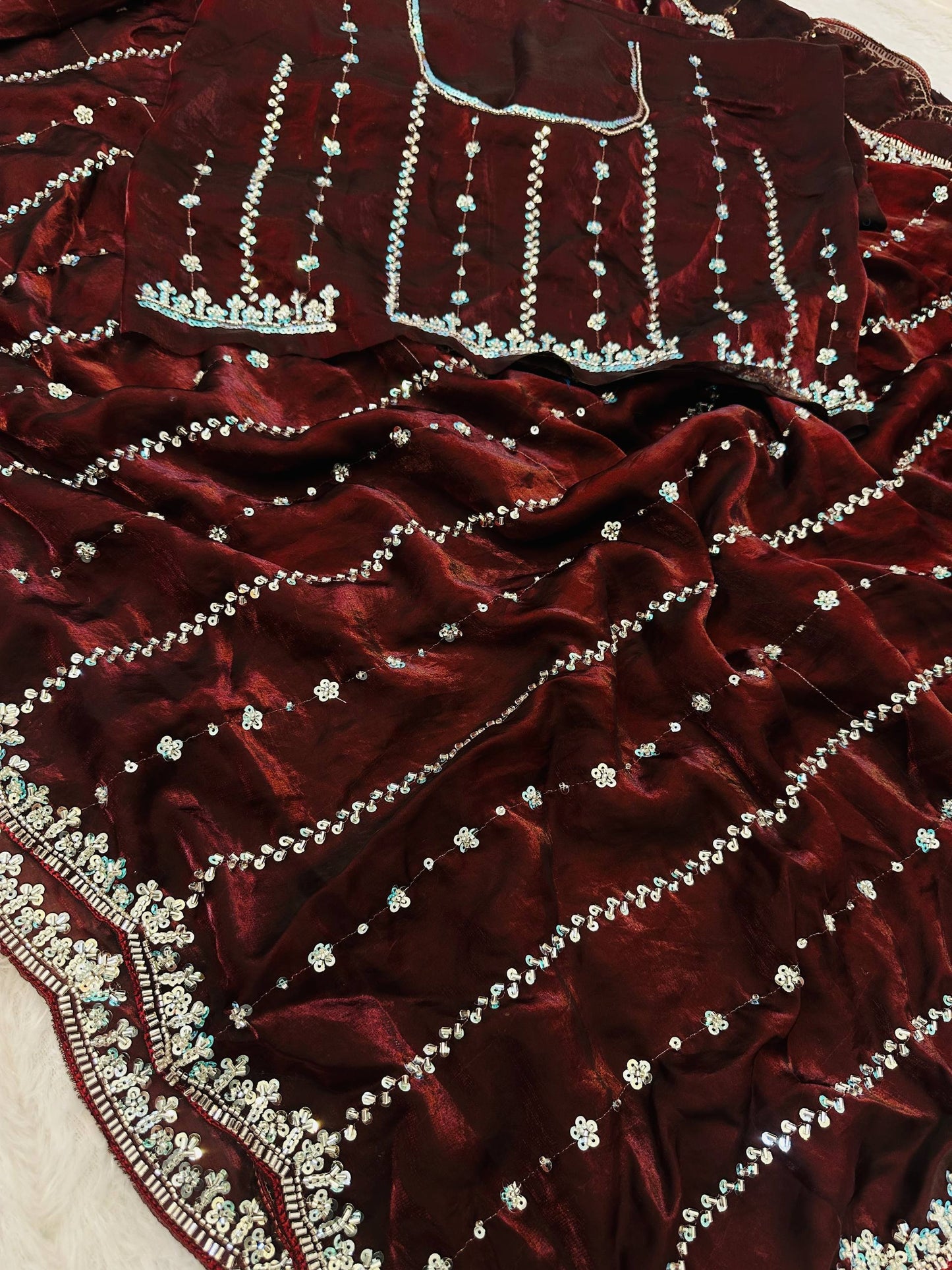 Fandy Satin Bidds And Sequins Embroidery Design Work Saree