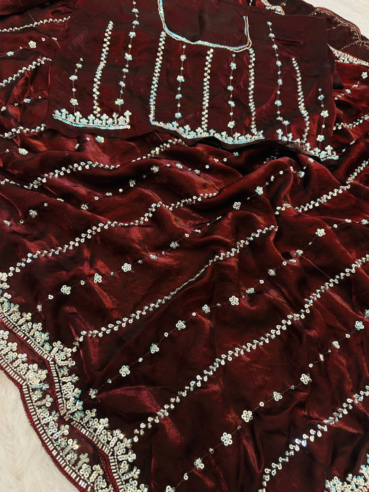 Fandy Satin Bidds And Sequins Embroidery Design Work Saree