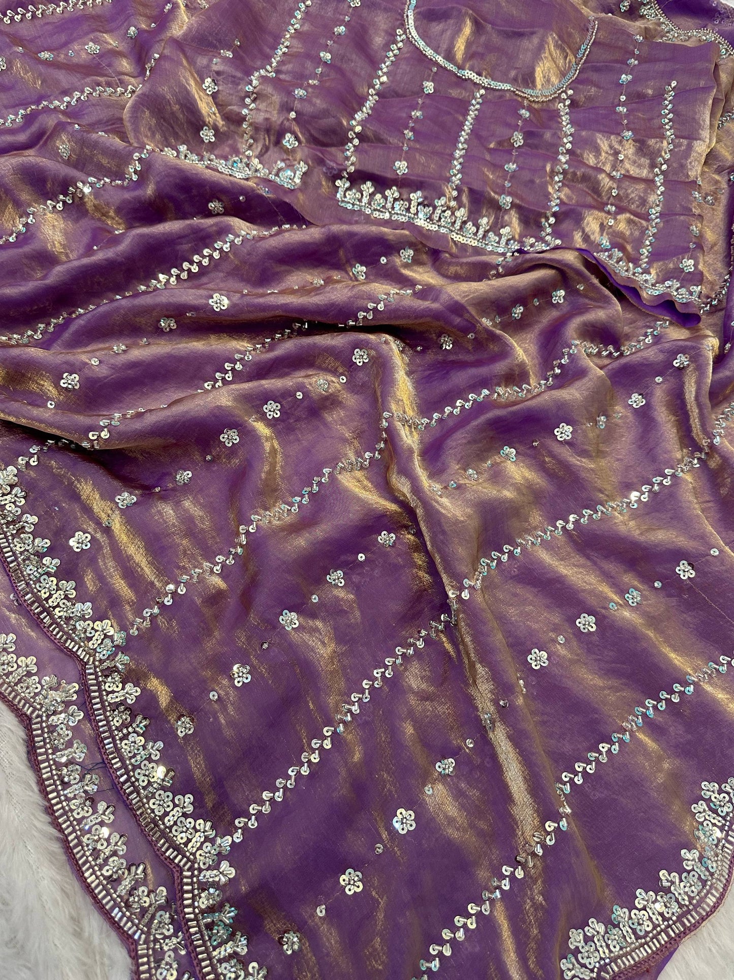 Fandy Satin Bidds And Sequins Embroidery Design Work Saree