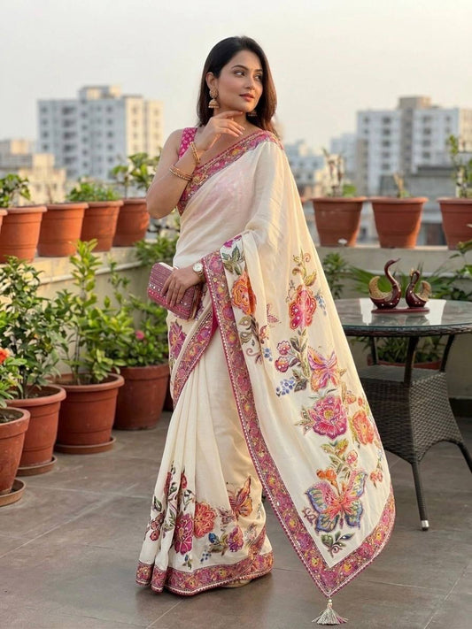 Soft Chinnon Sulk Fabric with beautiful Butterfly Saree