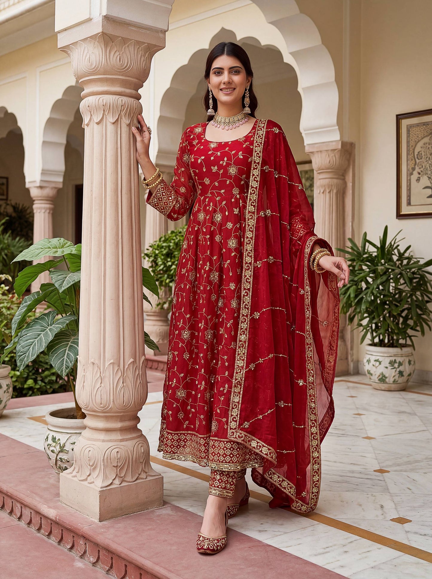 Fandy Silk Crap Embroidery Sequence Zari Work Gown